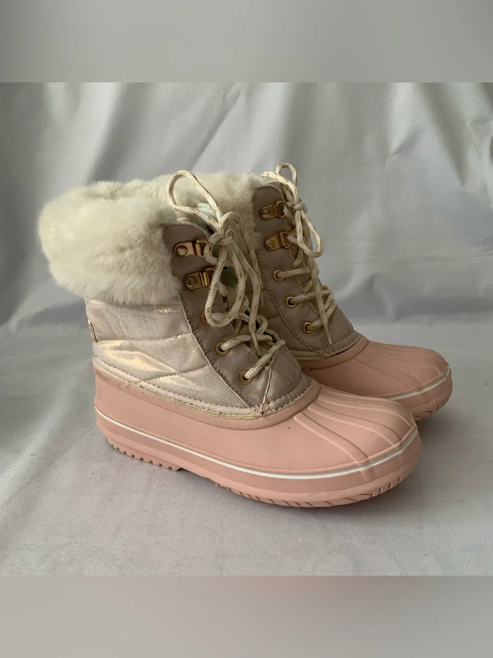 London Fog Boots Girls Size 3 Pink Faux Fur Lace Up Winter Snow Rain FNF21Y5 EUC